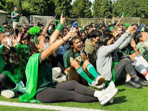 High school students sitting on a football field and dressed in green cheer and raise thier pointer fingers in a #1 gesture.